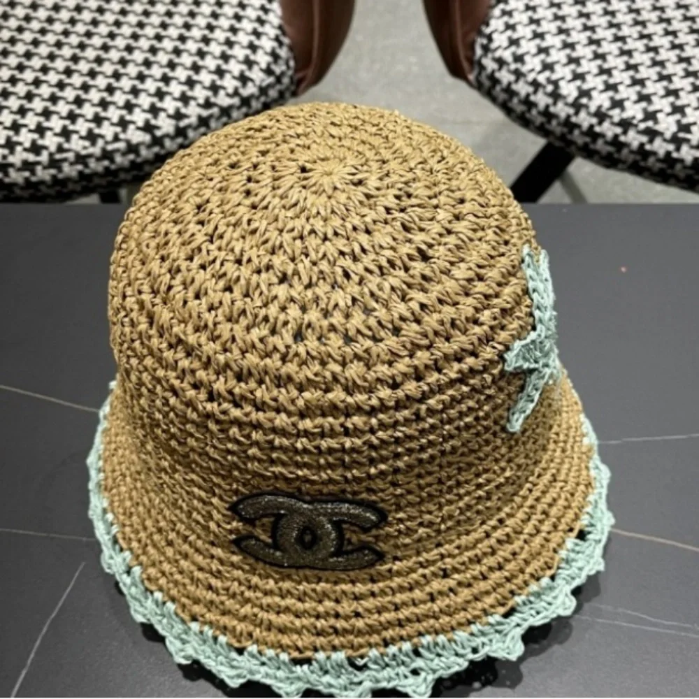 Chanel Kids Straw Hat with Black and Mint Accents
